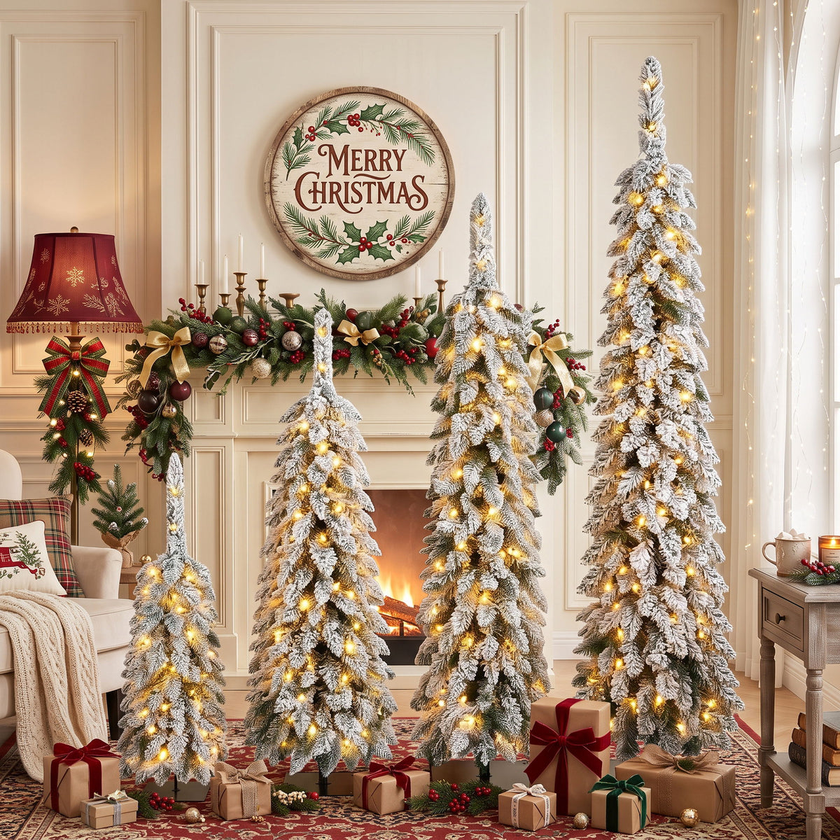 Snow-tipped pencil Christmas trees in four sizes, lit with warm LEDs