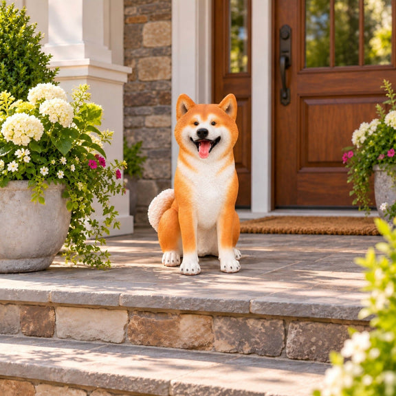 Orange and white Shiba Inu dog statue seated on a front step