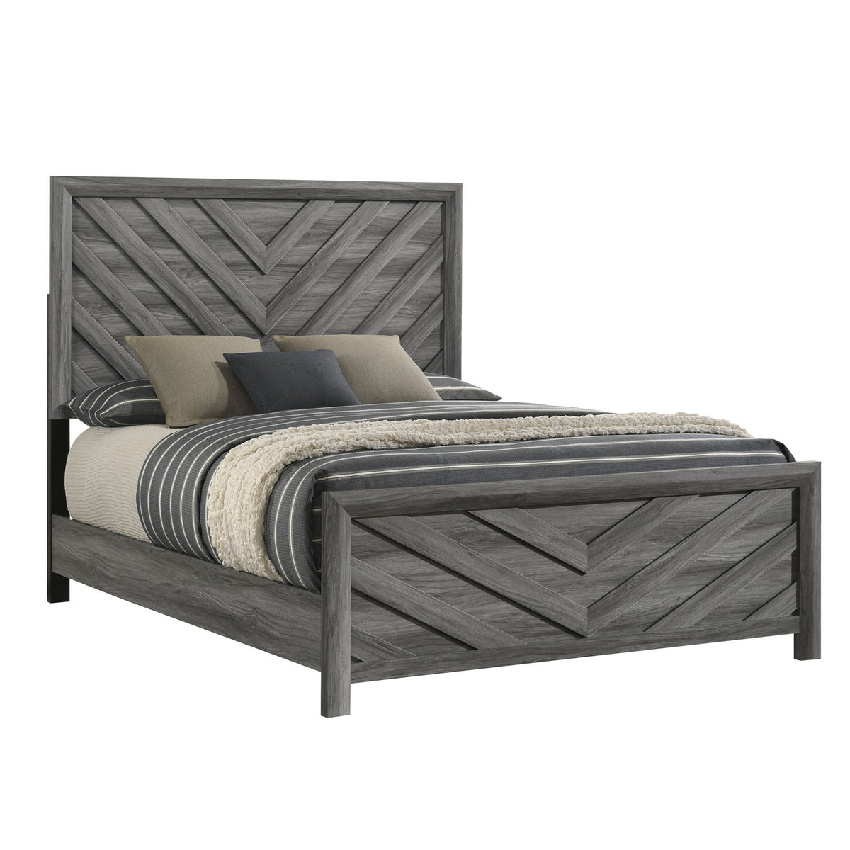 Gray bed frame with herringbone paneled headboard, side rails, and stacked pillows