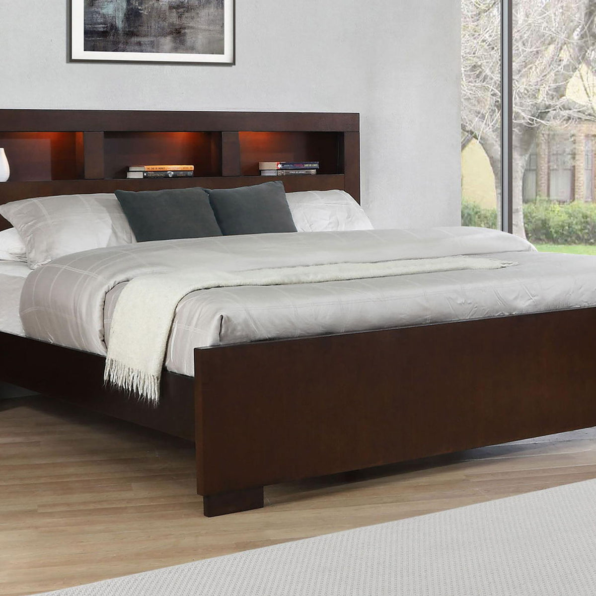 Jessica Wood Queen LED Storage Bookcase Bed Cappuccino