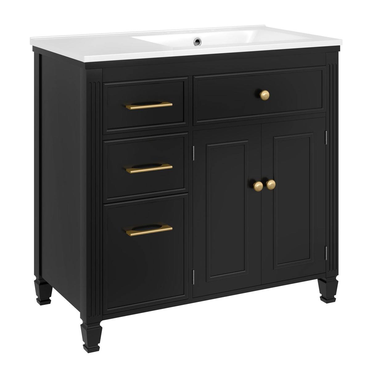 Freestanding black bathroom vanity with white ceramic sink, three drawers and cabinet doors