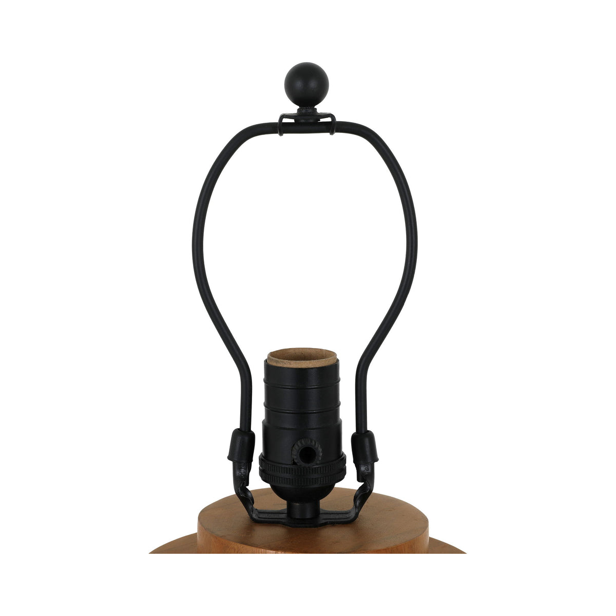 Table lamp with black metal frame and exposed wood base with socket