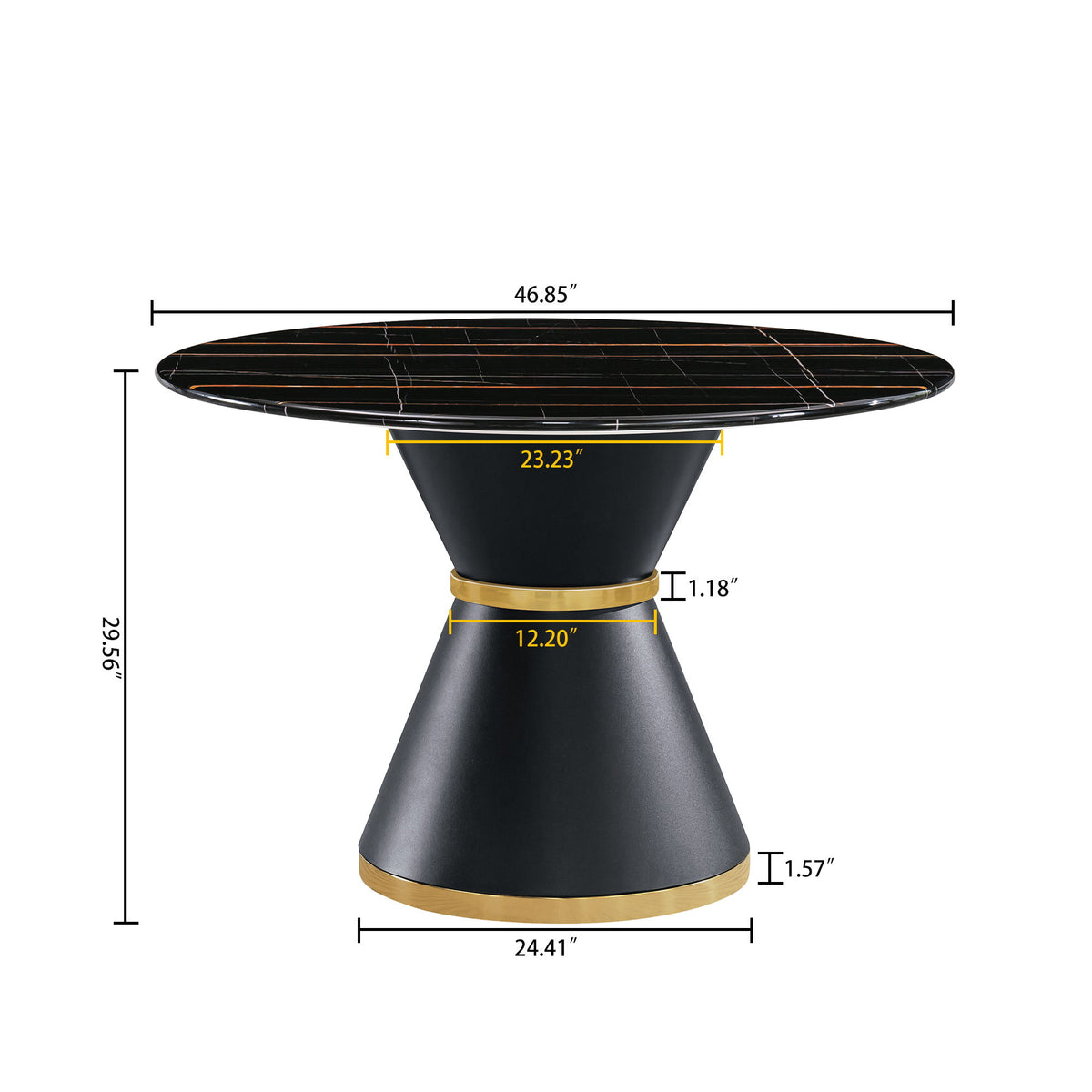 Marble Printed Round Dining Table - Black Columnar Base With Gold Annulus Not Including Chairs - Black