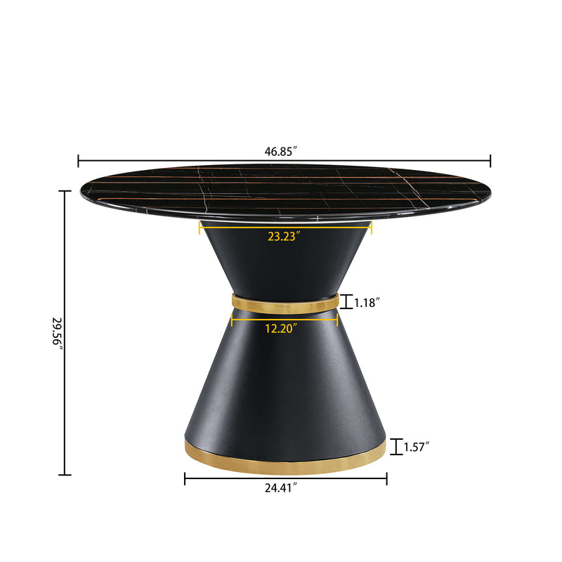 Marble Printed Round Dining Table - Black Columnar Base With Gold Annulus Not Including Chairs - Black