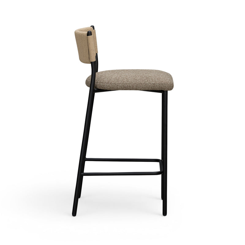 Boucle upholstered bar stool, beige seat and back, black legs, open frame