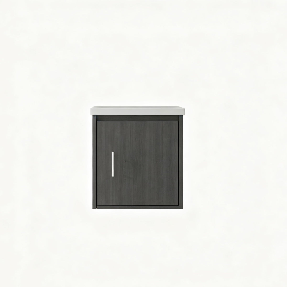 Wall-mounted bathroom vanity cabinet with sink, dark gray door and vertical silver handle