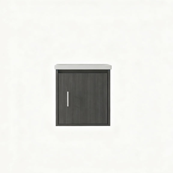 Wall-mounted bathroom vanity cabinet with sink, dark gray door and vertical silver handle