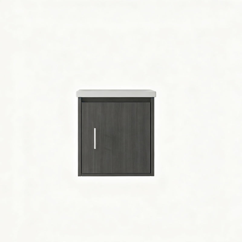 Wall-mounted bathroom vanity cabinet with sink, dark gray door and vertical silver handle