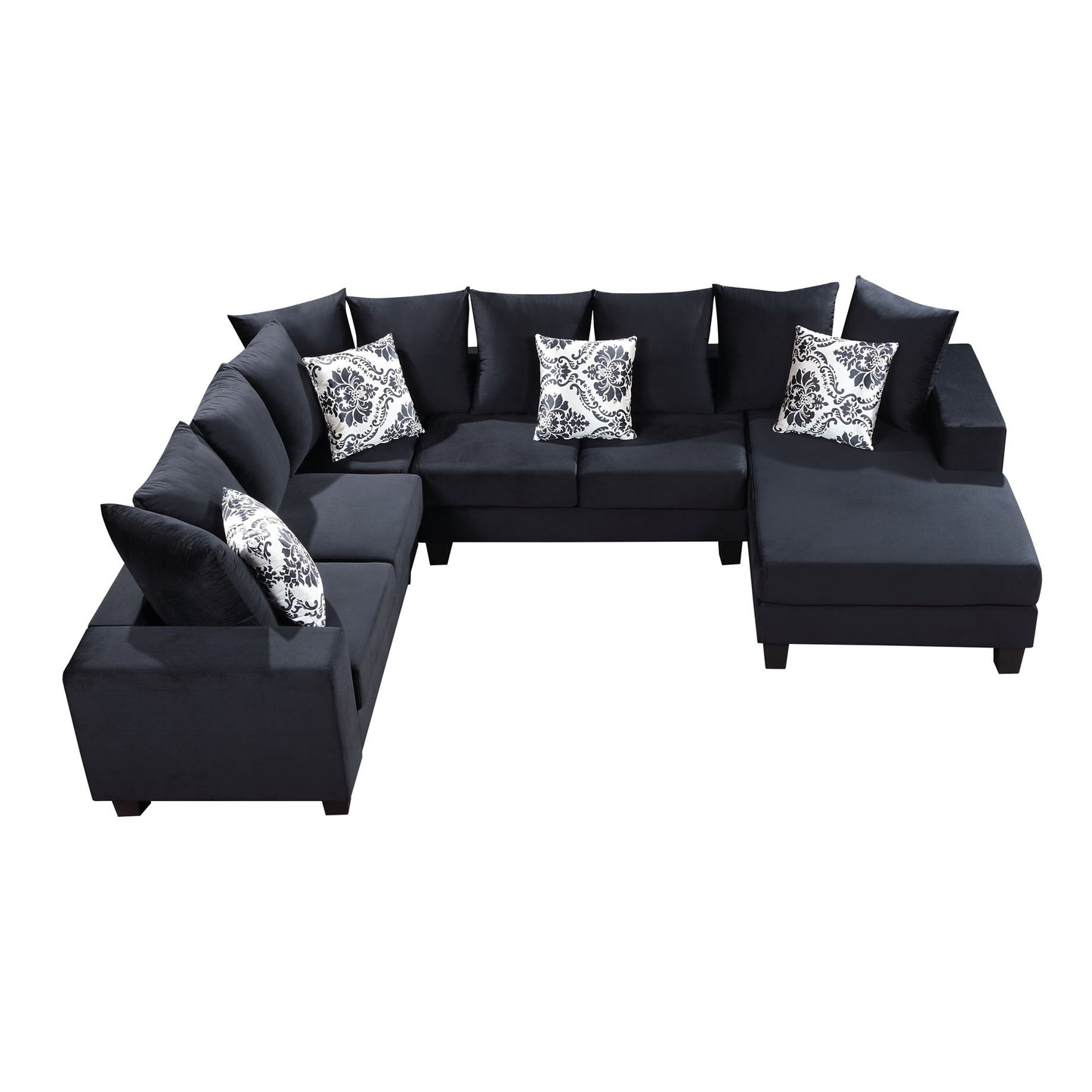 Modern U Shape Sectional Sofa, Velvet Corner Couch With Lots Of Pillows Included, Elegant And Functional Indoor Furniture - Black