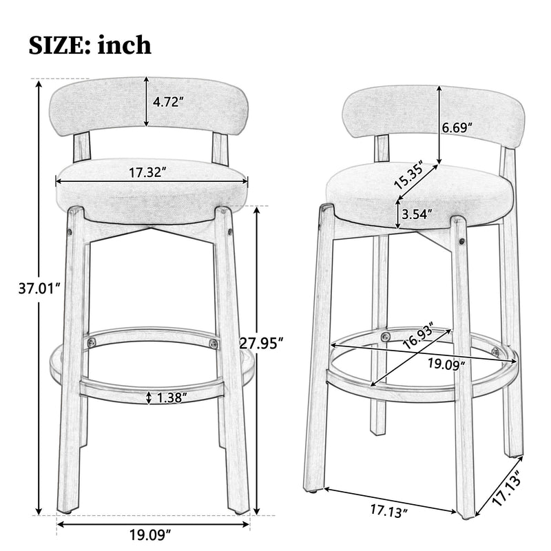 Bar stool dimension diagram showing seat, backrest, frame, and footrest measurements
