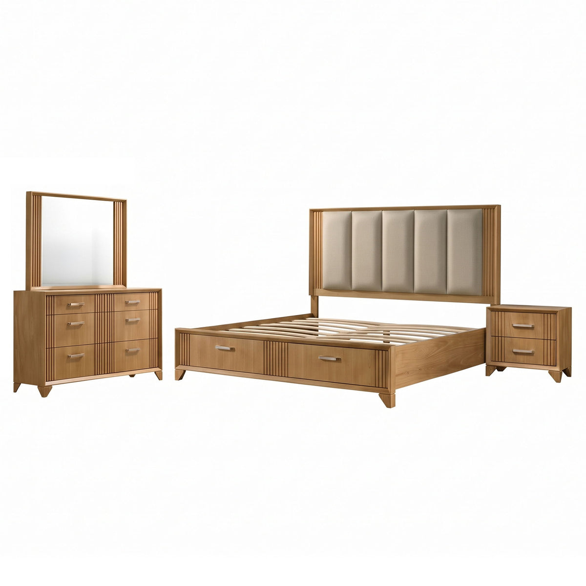 Light brown bedroom set with bed, nightstands, dresser, and wall mirror