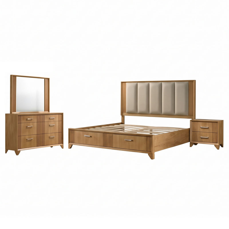 Light brown bedroom set with bed, nightstands, dresser, and wall mirror