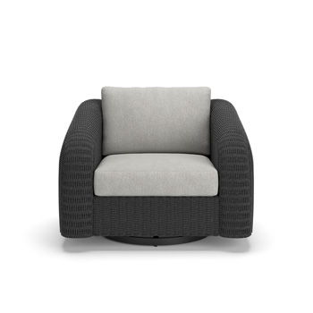 Baymont Cove gray swivel glider chair with light gray seat and back cushions and woven arms