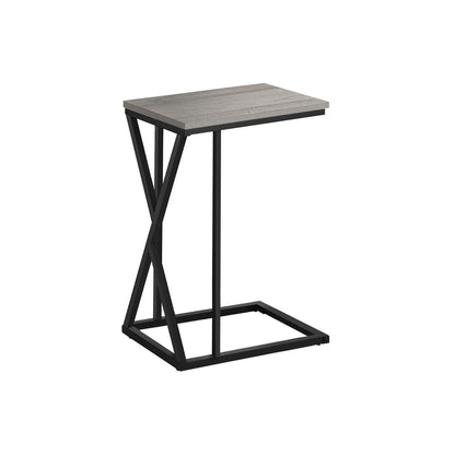 Modern accent table with black base and gray wood-look tabletop with lower open shelf.