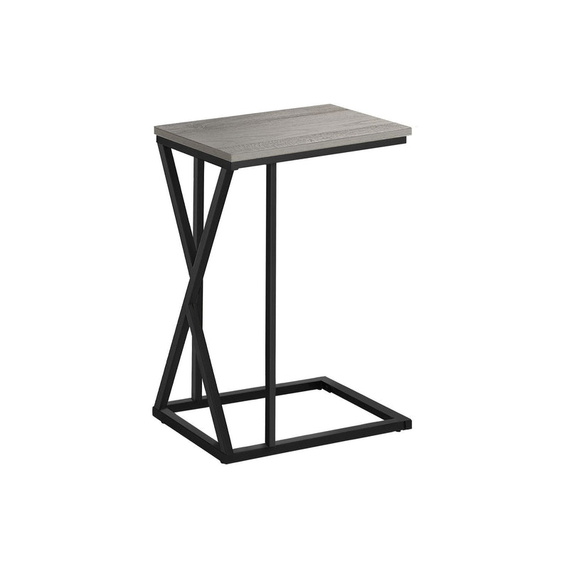 Modern accent table with black base and gray wood-look tabletop with lower open shelf.