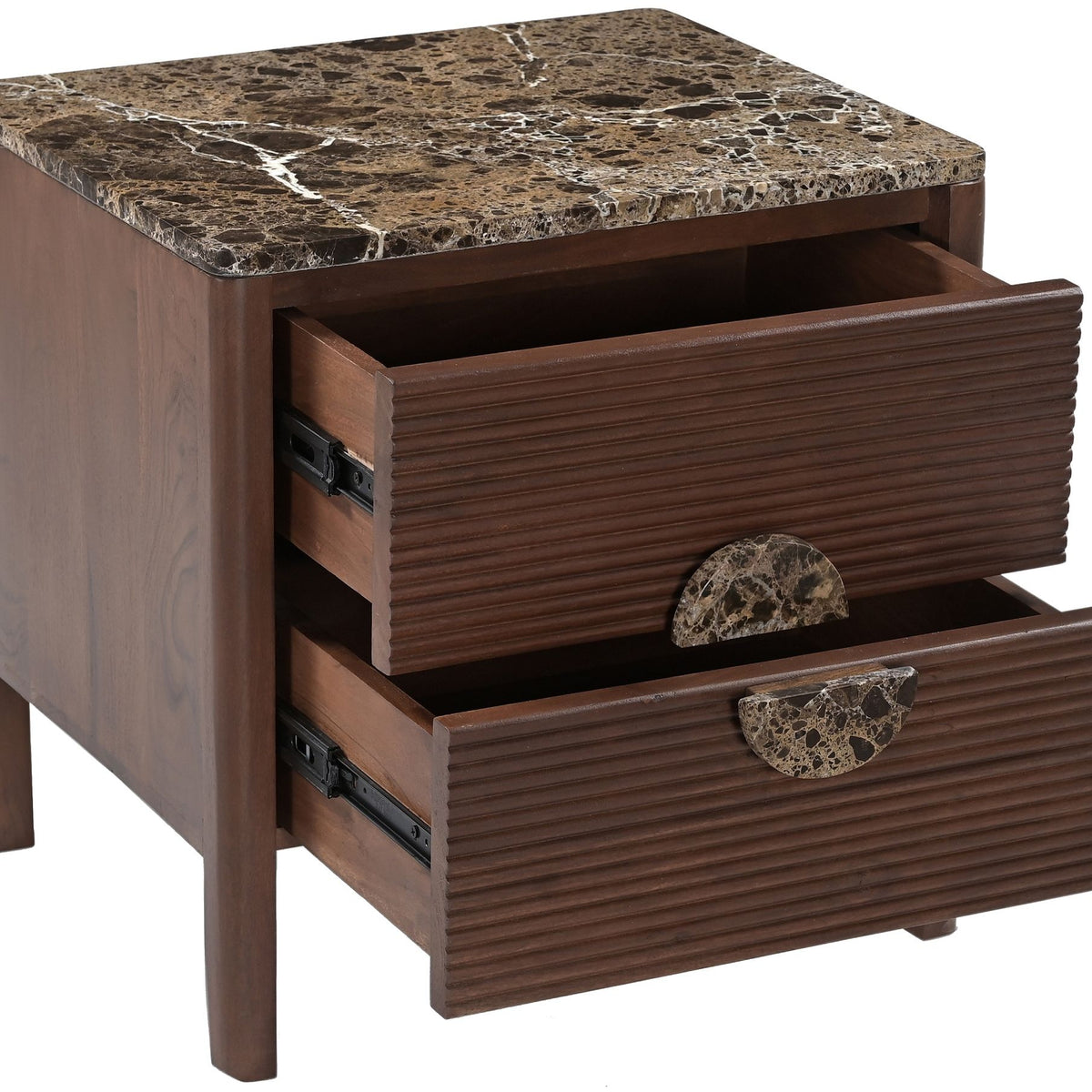 Dark brown acacia wood nightstand with open drawers, speckled stone top, and round pulls