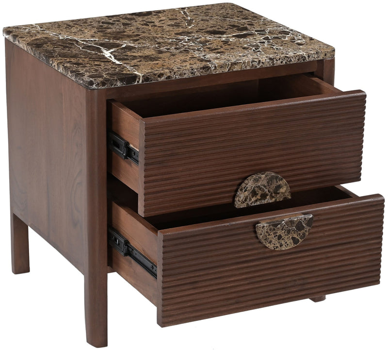 Dark brown acacia wood nightstand with open drawers, speckled stone top, and round pulls