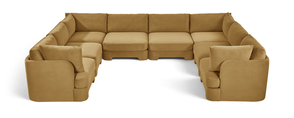 Light brown velvet U-shaped sectional sofa, 8-piece set with square arm cushions