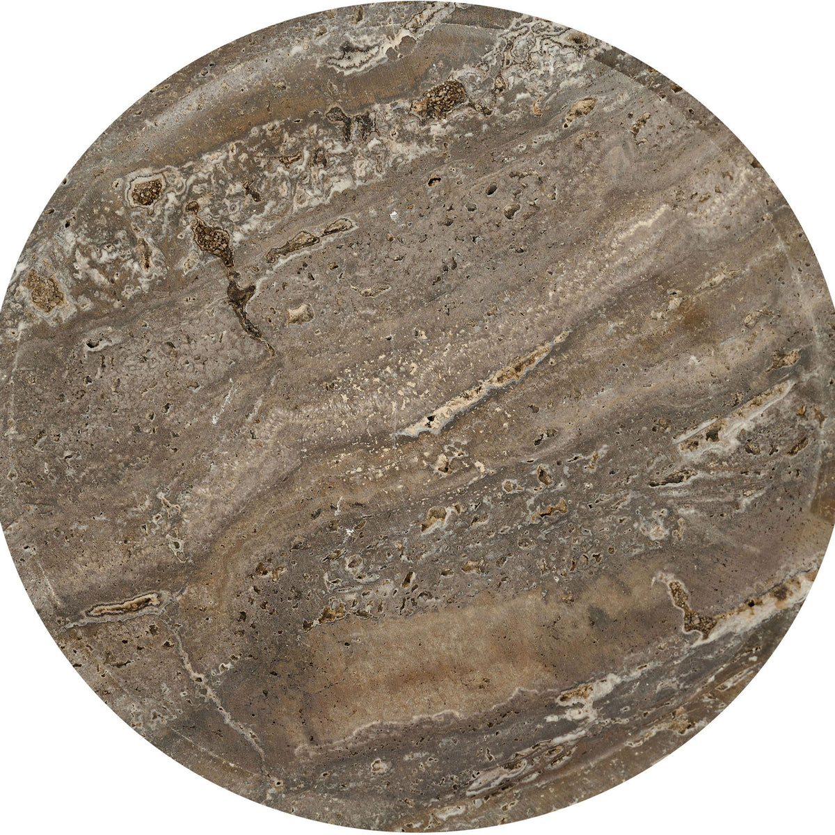 Gray travertine bowl top view with natural veining and speckled texture