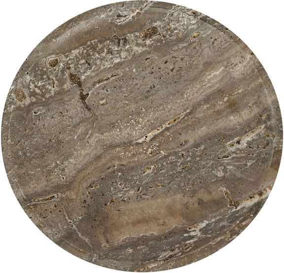 Gray travertine bowl top view with natural veining and speckled texture