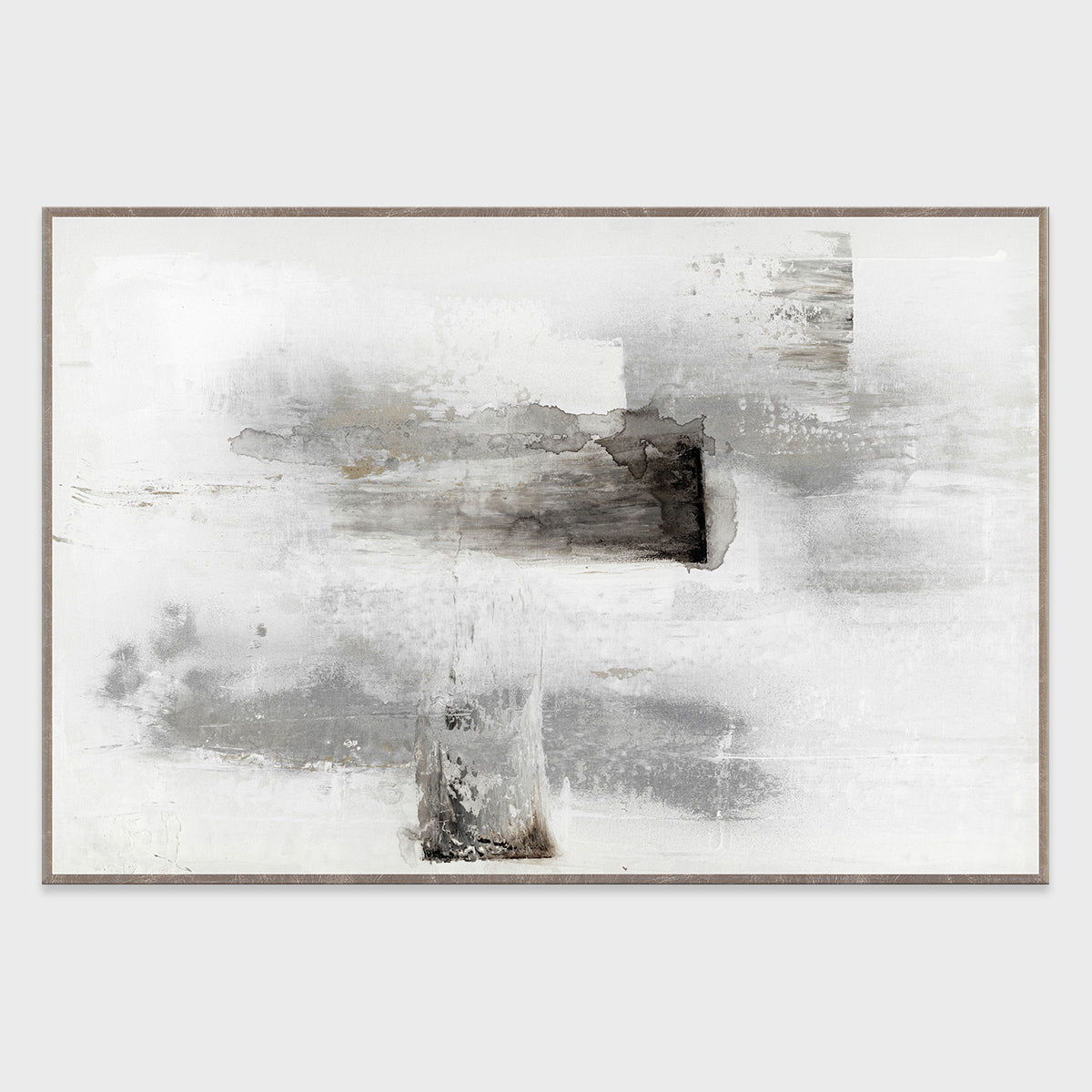 Framed abstract wall art with white-and-gray abstract shapes and dark streaks