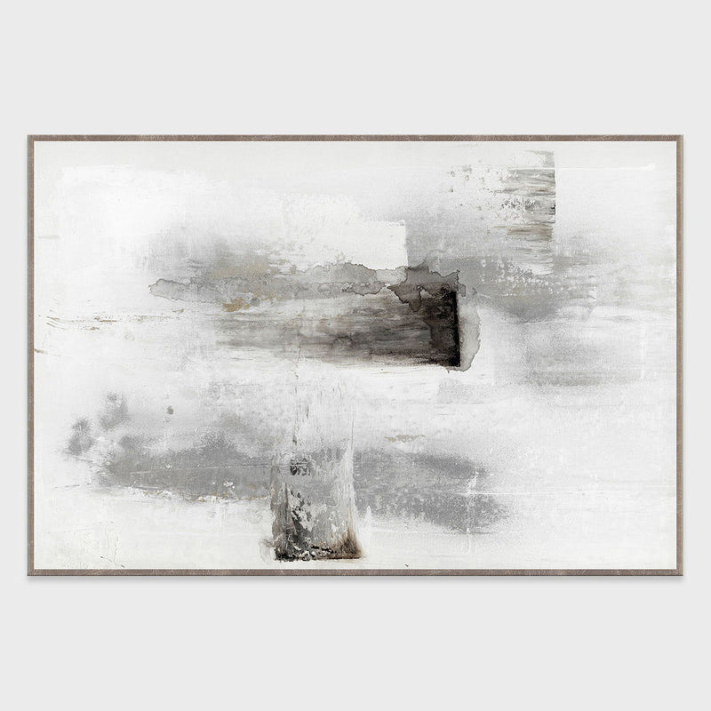 Framed abstract wall art with white-and-gray abstract shapes and dark streaks