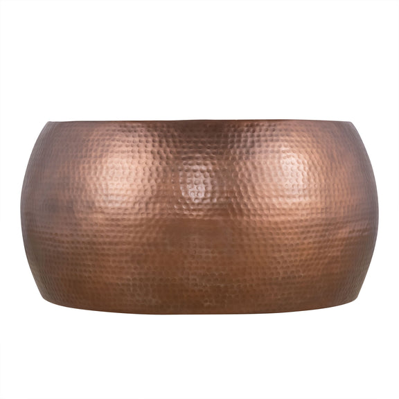 Bronze hammered metal round coffee table with gray top surface