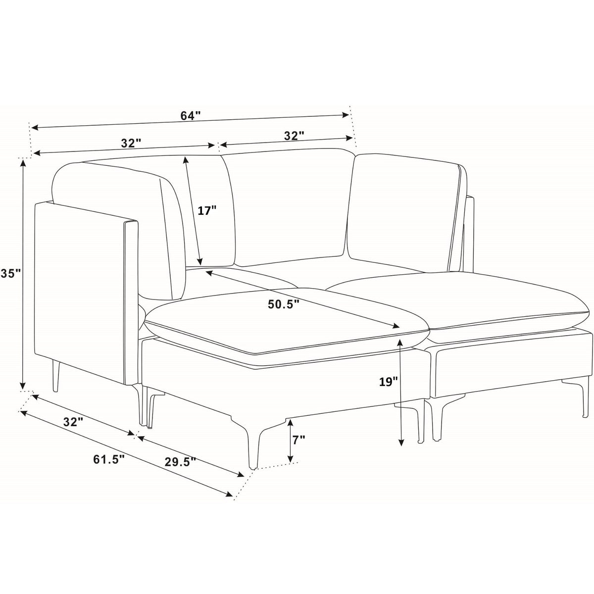 Dark gray sectional with chaise and ottoman layout diagram with dimensions