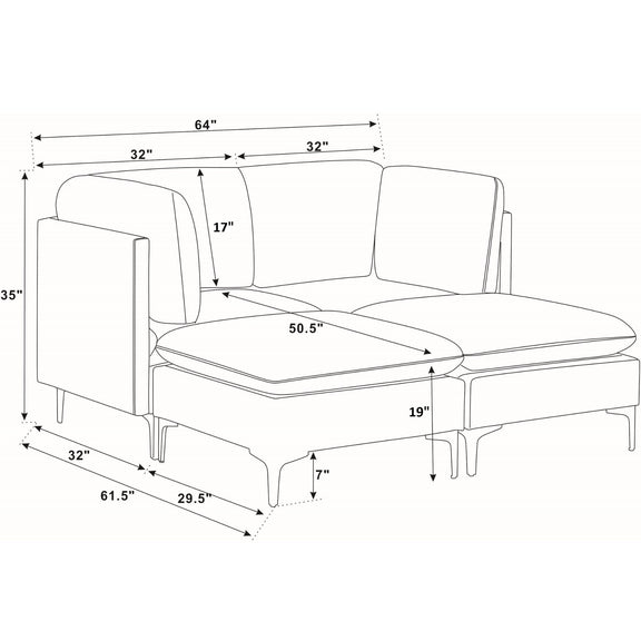 Dark gray sectional with chaise and ottoman layout diagram with dimensions