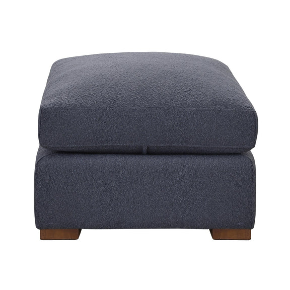 Dark gray fabric ottoman with thick square base and wooden legs