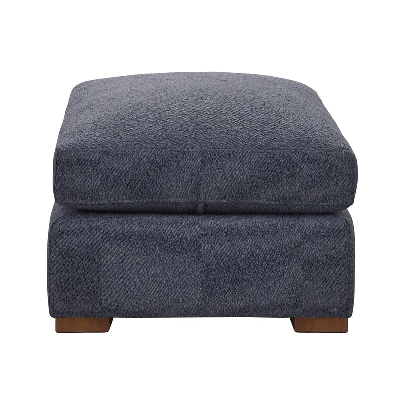 Dark gray fabric ottoman with thick square base and wooden legs