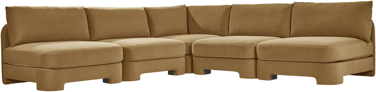 Tan armless velvet sectional sofa with cushioned back panels and multiple modules.