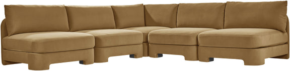 Tan armless velvet sectional sofa with cushioned back panels and multiple modules.