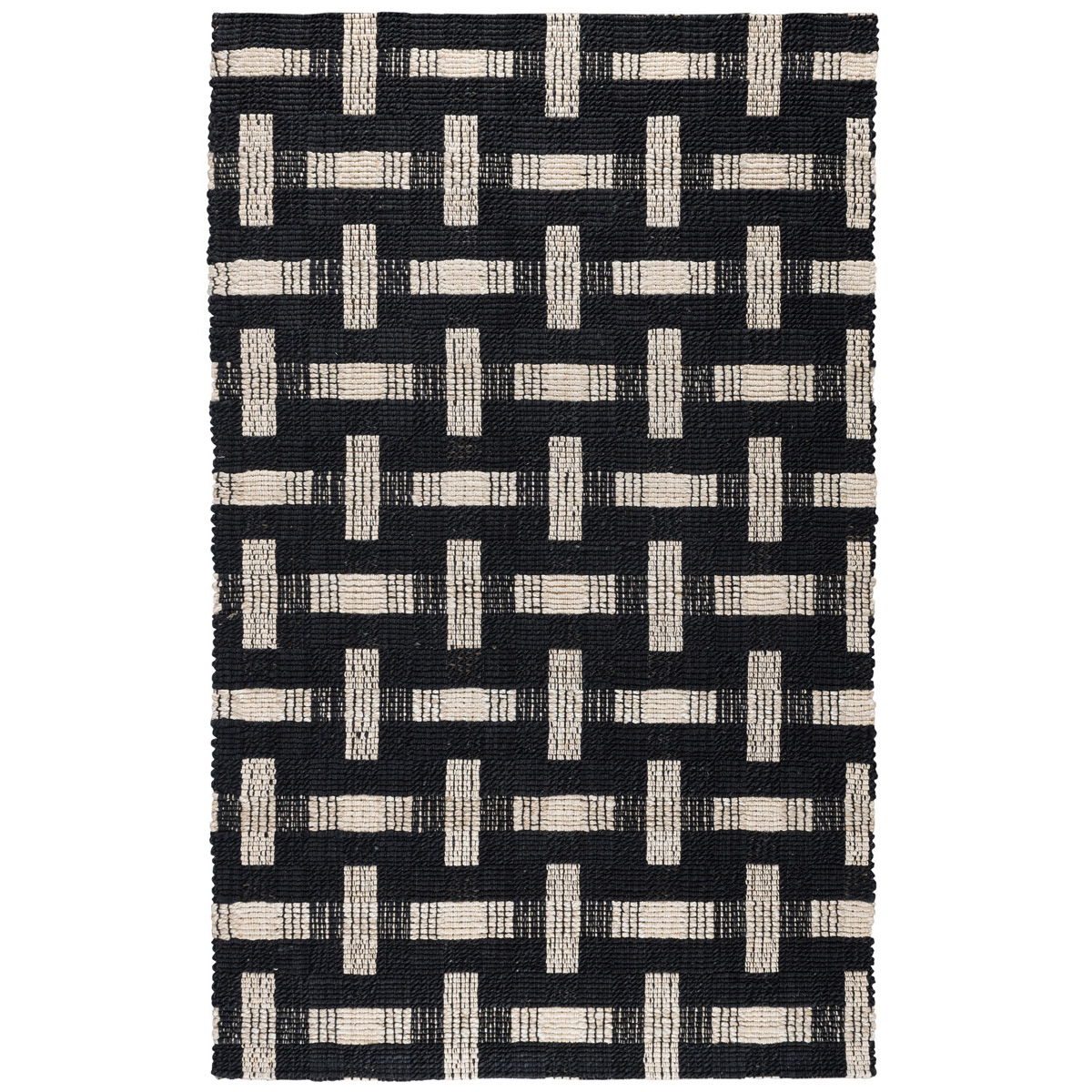 Geometric flatweave rug in black and ivory with interlocking block pattern