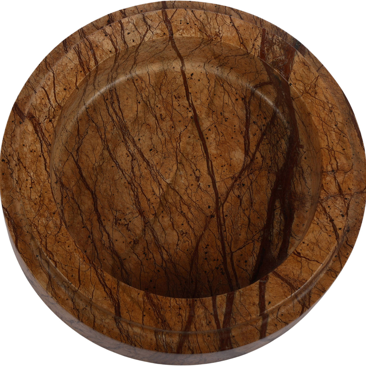 Brown marble bowl with dark streaked veining and shallow round interior basin.