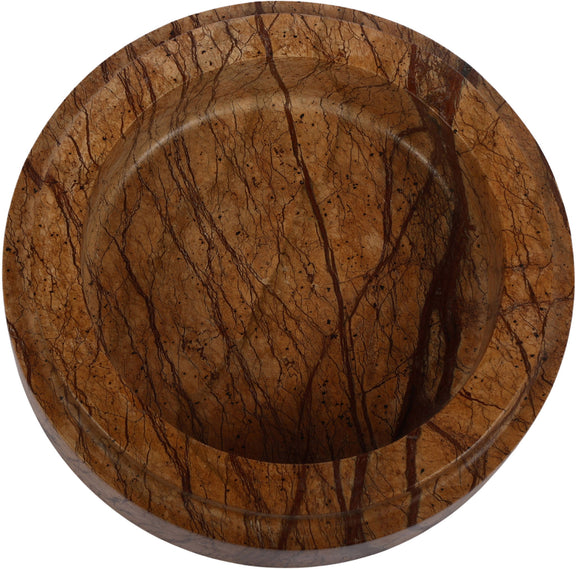 Brown marble bowl with dark streaked veining and shallow round interior basin.