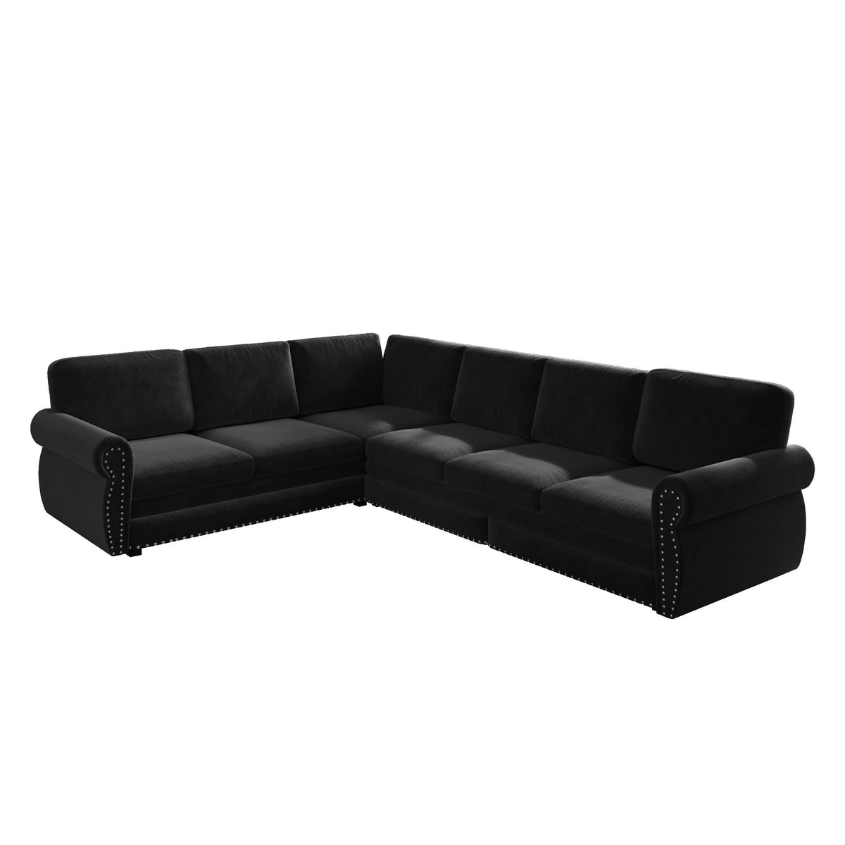 Black L-shaped sofa couch with rolled arms and nailhead trim, sectional corner chaise