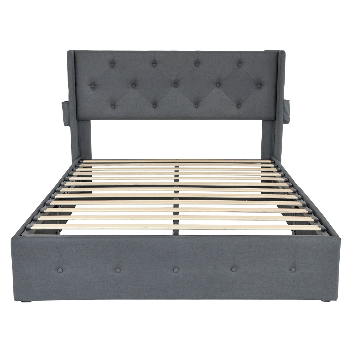 Gray upholstered platform bed with tufted headboard and slatted storage base