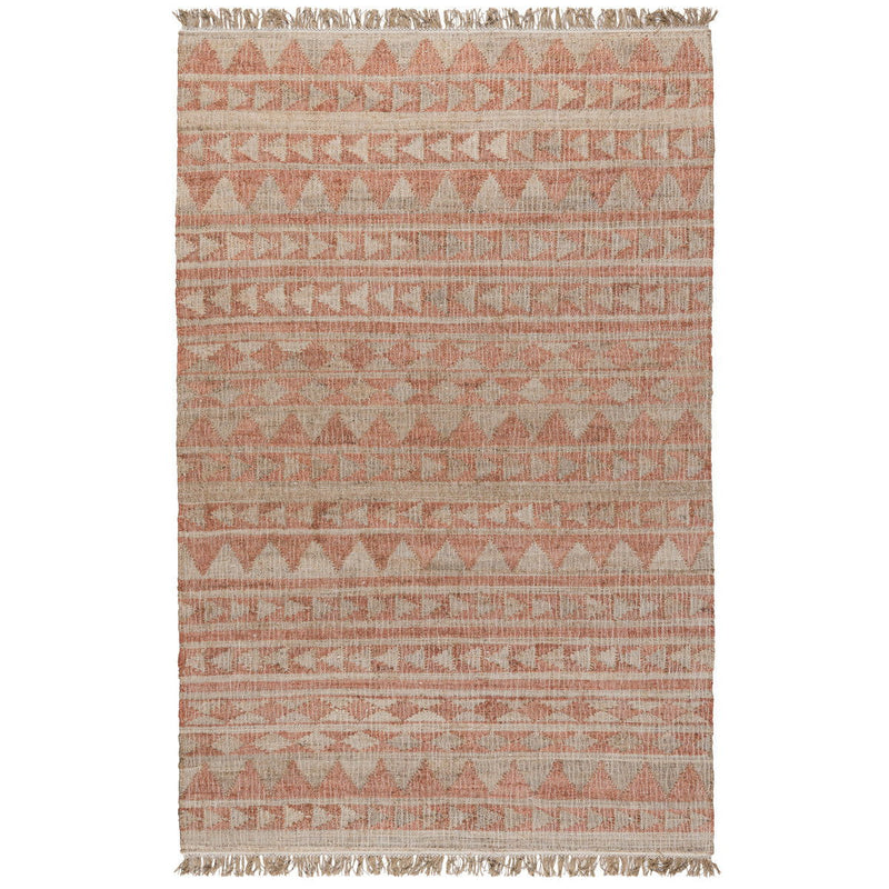 Solana rug in distressed terracotta and natural, full view with geometric stripes and fringe.