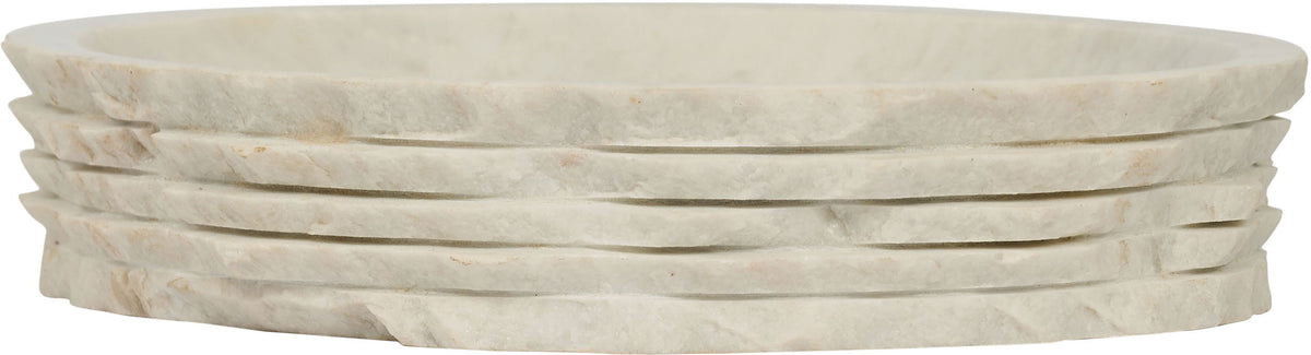 Genuine marble bowl, creamy white with layered banded sides and smooth rim