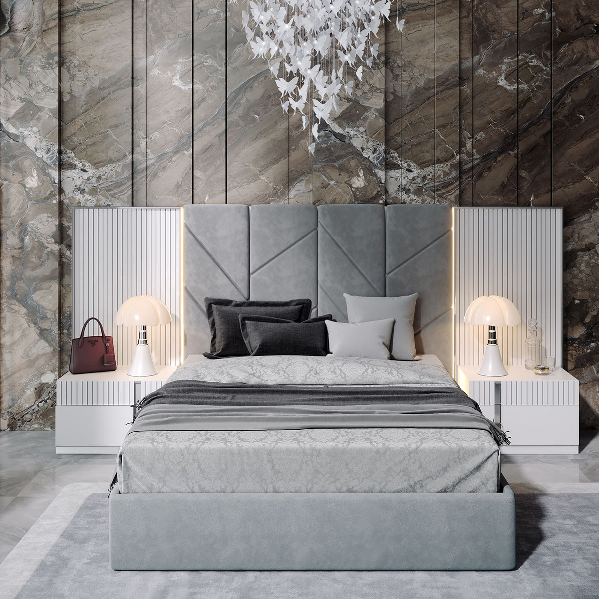 Upholstered bed with paneled light grey headboard, striped side columns, and pillows