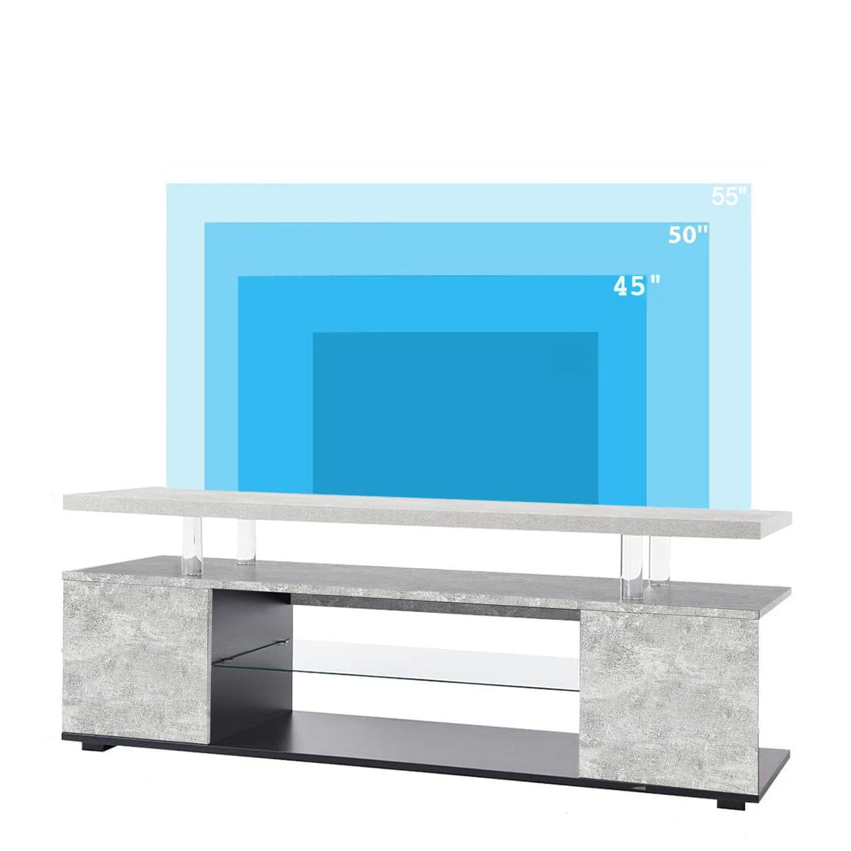 Gray TV stand with LED, open shelves, and side cabinet storage.