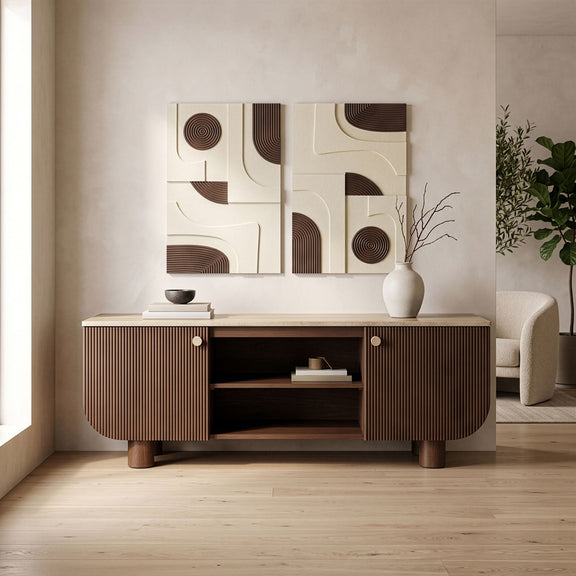 Light beige mango wood media console with open shelving and striped doors in room setting