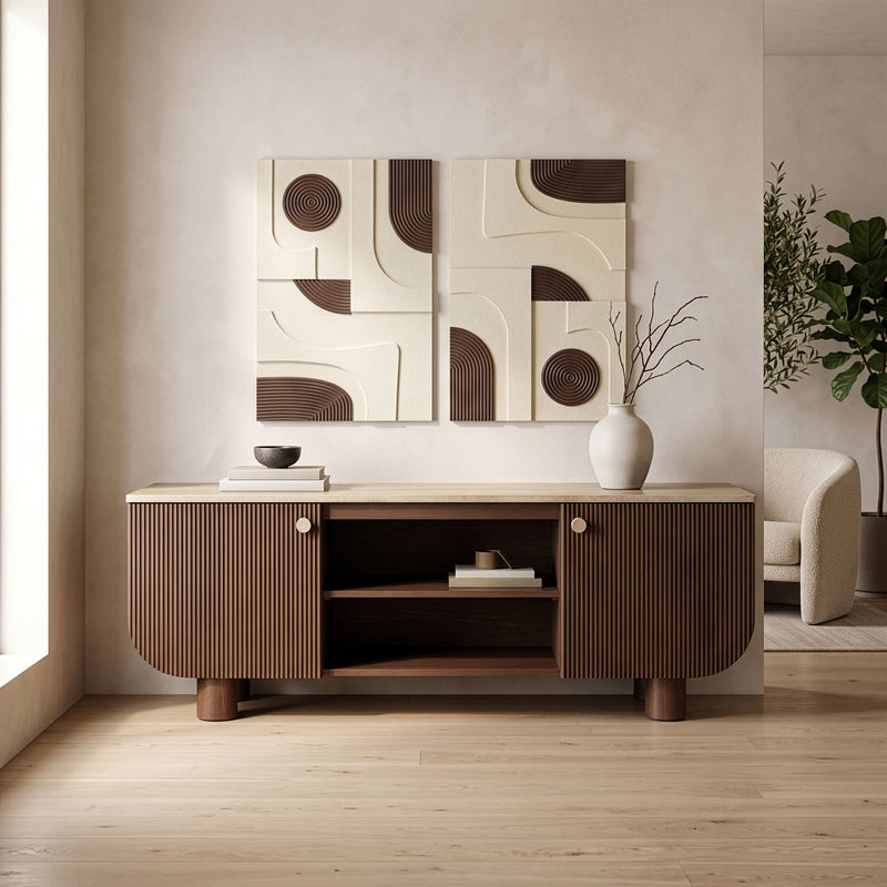 Light beige mango wood media console with open shelving and striped doors in room setting