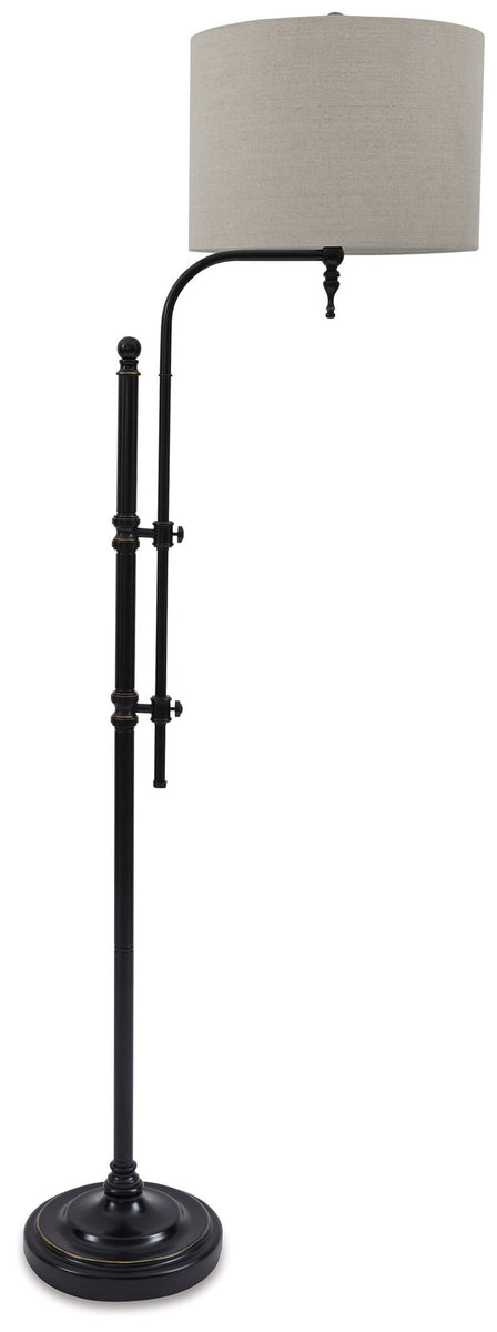Black metal floor lamp with fabric drum shade and arched base