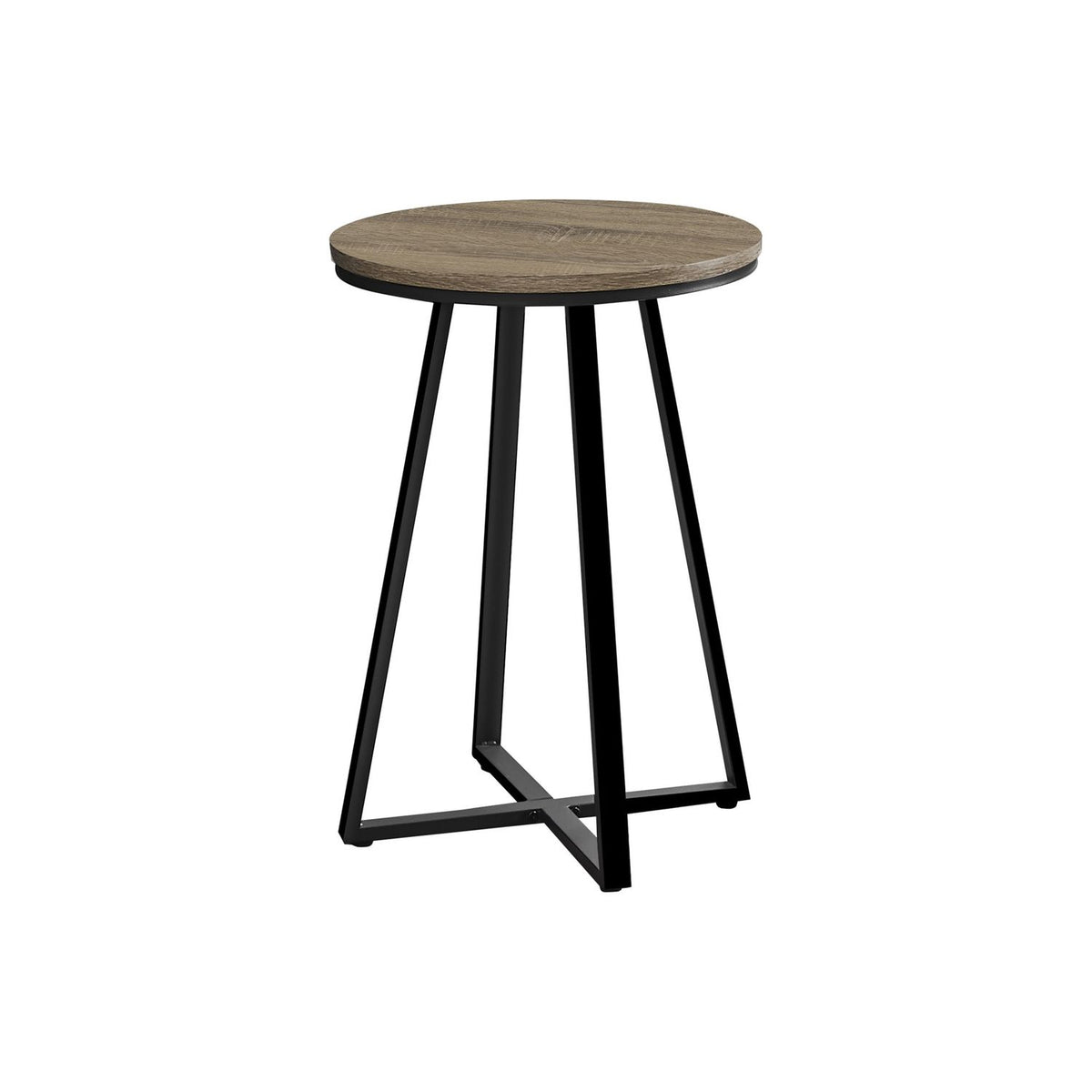 Light brown round accent side table with flat circular top and black tapered legs