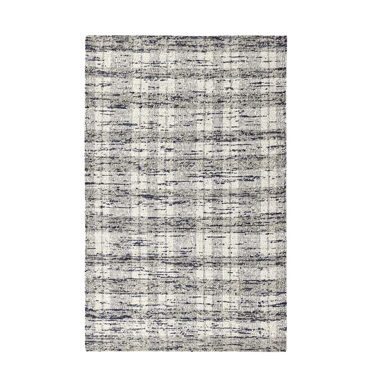 Ivory distressed area rug with blue speckle and subtle grid pattern