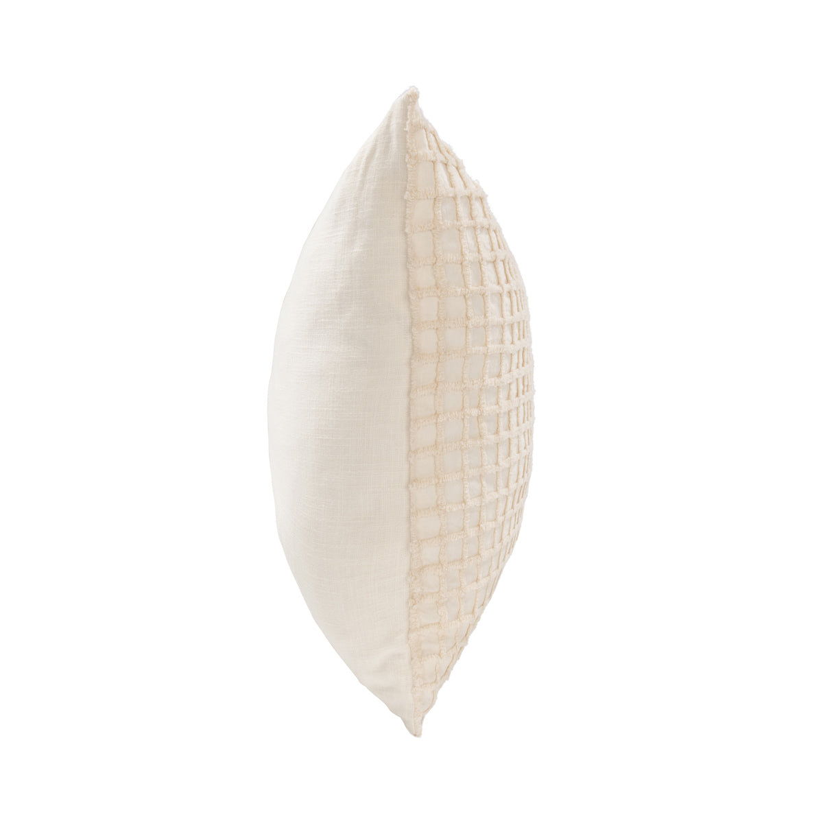 Ivory throw pillow side panel with woven grid texture and corner seam