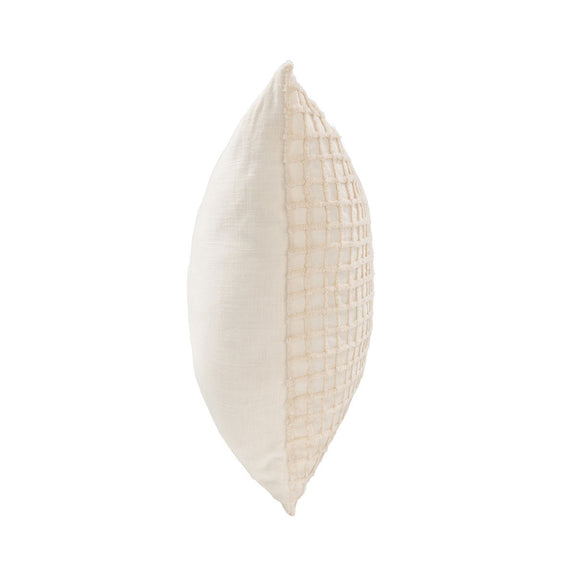 Ivory throw pillow side panel with woven grid texture and corner seam