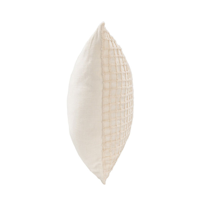 Ivory throw pillow side panel with woven grid texture and corner seam